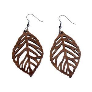 Single Leaf Walnut Wood Drop Earrings